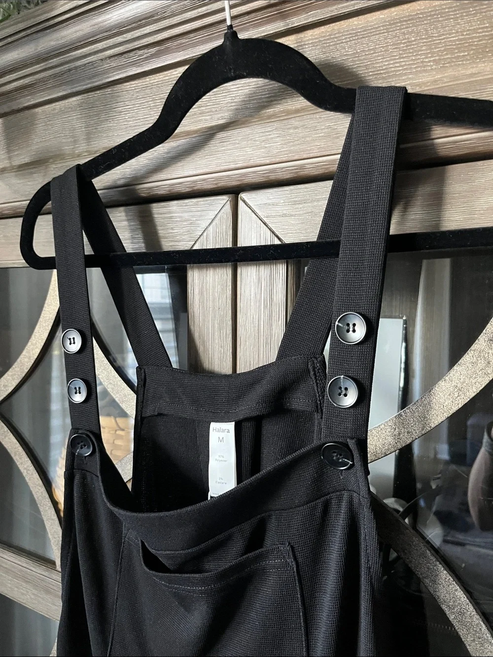 HALARA Black Mini Pinafore Dress with Button Straps